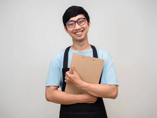 Young Businessman Happy Smile Wearing Apron Hug Document Board — 스톡 사진