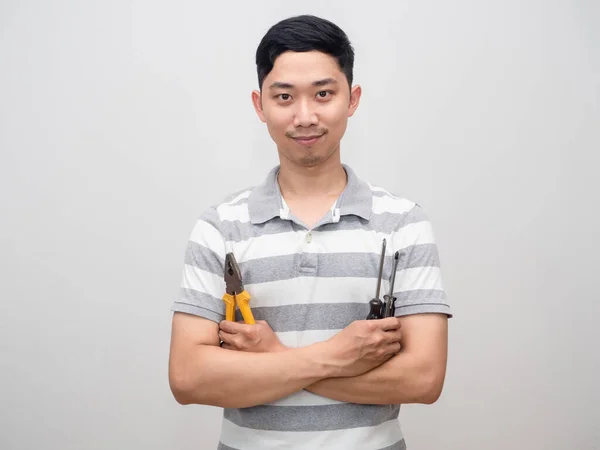 Young Man Striped Shirt Repair Man Concept Confident Hold Pliers —  Fotos de Stock