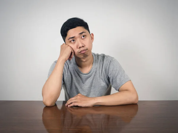 Depressed Man Sit Table Thoughtful Something — Fotografia de Stock