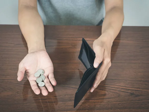 Man Hands Hold Empty Wallet Money Coins Table — 图库照片