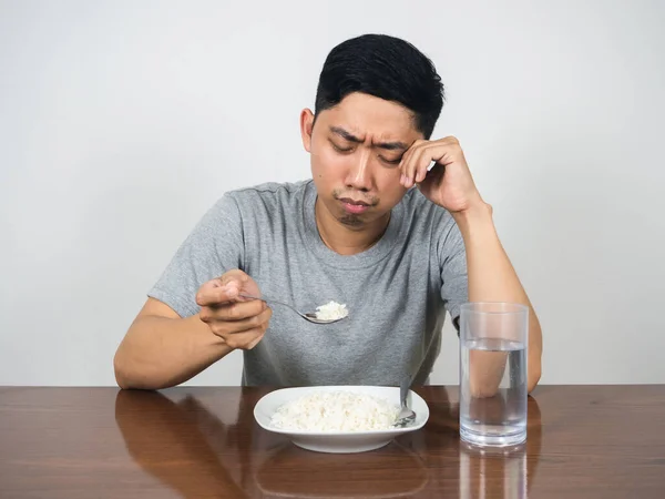 Muž Depresi Cítí Znuděně Když Pláče Nechce Jíst Rýži Stole — Stock fotografie