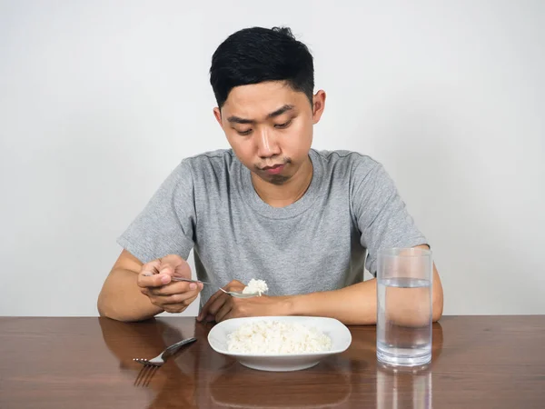 Young Man Feels Bored Food Don Want Eatting Rice Table — Foto de Stock