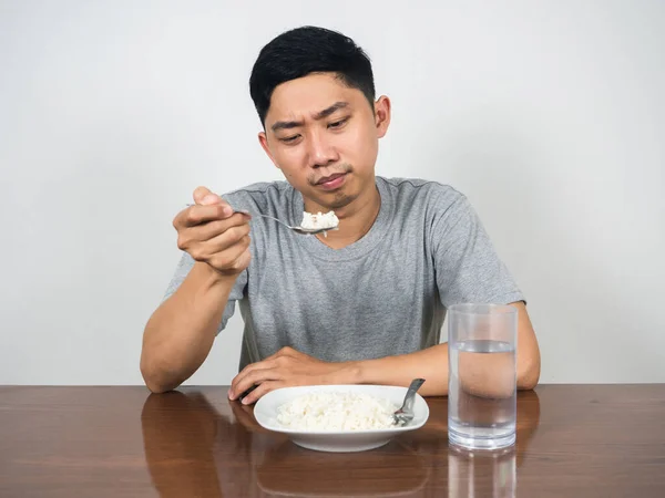 Depressed Man Looking Rice Hand Feels Don Want Eatting Food — Foto de Stock