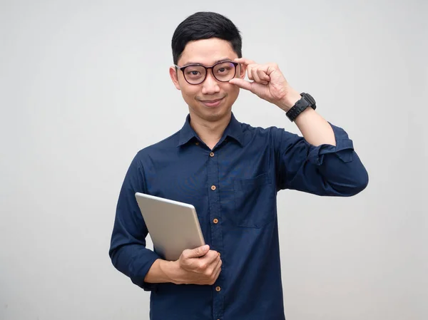 Young Businessman Looking Confident Hold Tablet Portrait Isolated — Stock fotografie