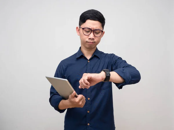 Businessman Hold Tablet Looking His Watch Hurry Emotion Isolated — ストック写真