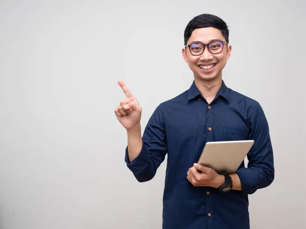 Cheerful Businessman Holding Tablet Smile Point Finger Copy Space — Stock fotografie