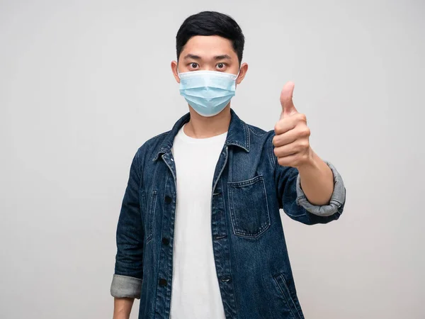 Portrait Asian Man Jeans Shirt Wear Medical Mask Show Thumb — Foto de Stock