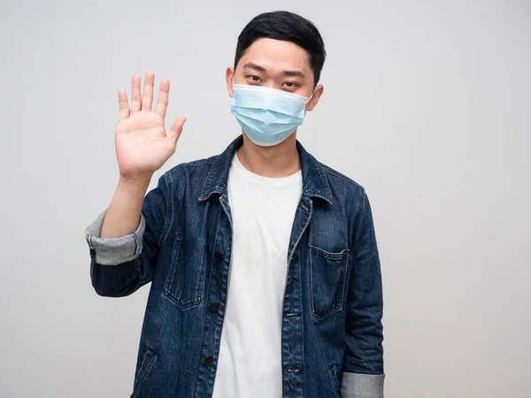 Young Man Jeans Shirt Wear Medical Mask Show Hand Hello — Photo