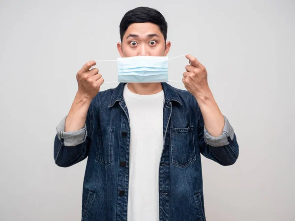 Asian Man Shocked Face Take His Medical Mask Isolated — Photo