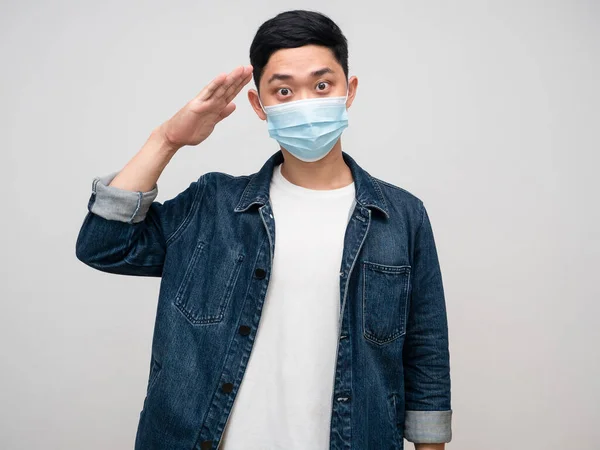 Asian Man Wear Medical Mask Hand Eyebrow Man Jeans Shirt — Photo