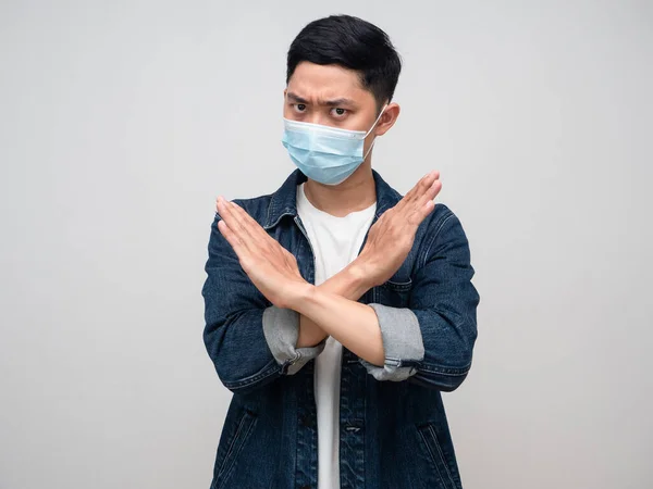 Asian Man Jeans Shirt Wear Medical Mask Show Cross Arm — Photo