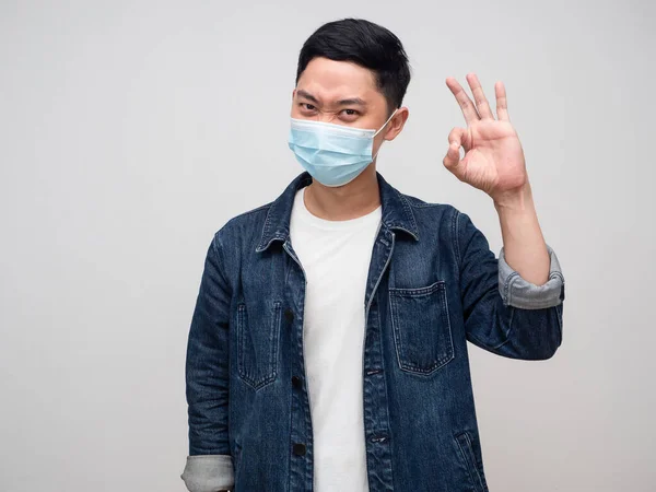 Positive Man Jeans Shirt Wear Medical Mask Hand Sign Isolated — Photo