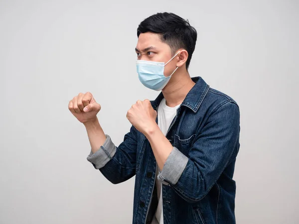 Side View Man Jeans Shirt Wear Medical Mask Gesture Punching — Photo
