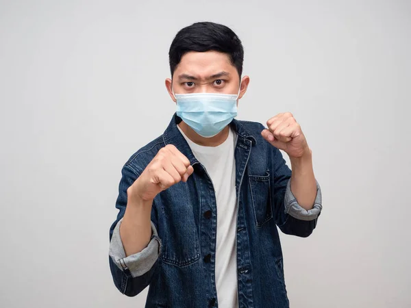 Man Jeans Shirt Wear Medical Mask Gesture Punching Fighting Epidemic — Foto de Stock