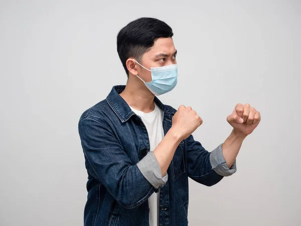 Side View Man Jeans Shirt Wear Medical Mask Gesture Boxing — Photo
