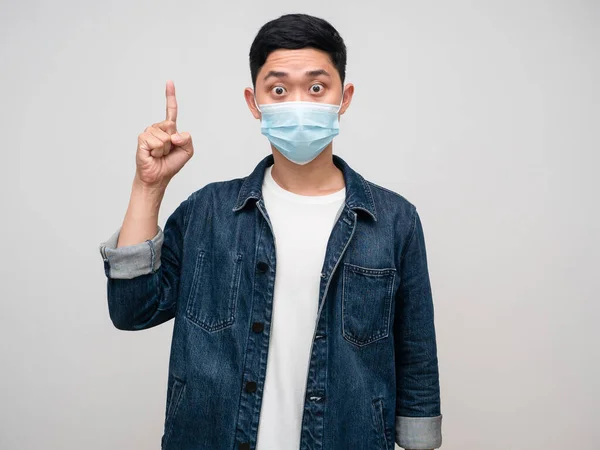 Positive Man Jeans Shirt Wearing Medical Mask Point Finger Get — Photo