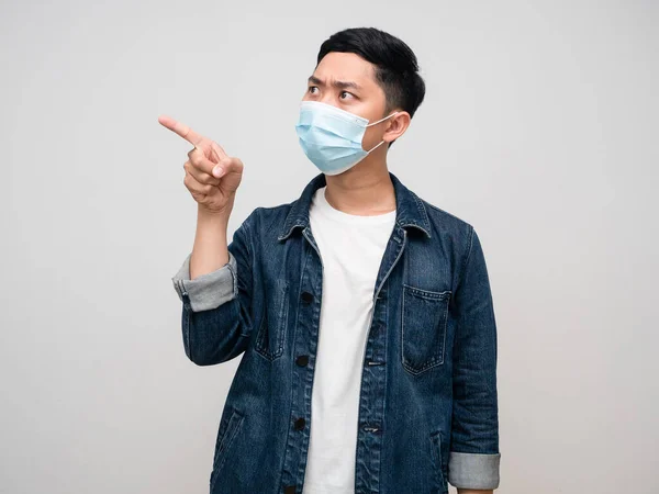 Positive Man Jeans Shirt Wear Medical Mask Gesture Point Finger — Photo