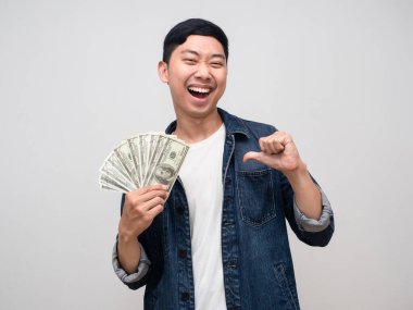 Cheerful man jeans shirt smile and happy about earn money point finger at himself isolated