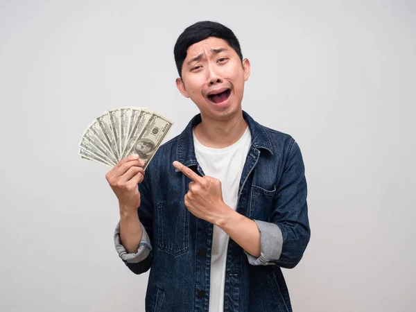 Young Man Jeans Shirt Feels Appreciate Happy Earn Money Isolated — ストック写真
