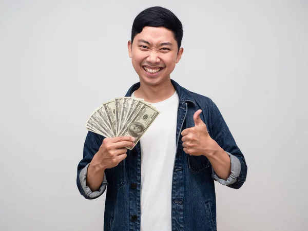 Cheerful Asian Man Jeans Shirt Gentle Smile Earn Money Hand — Stock Photo, Image