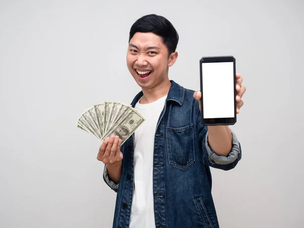 Asian man jeans shirt happy smile hold money and show smartphone in hand