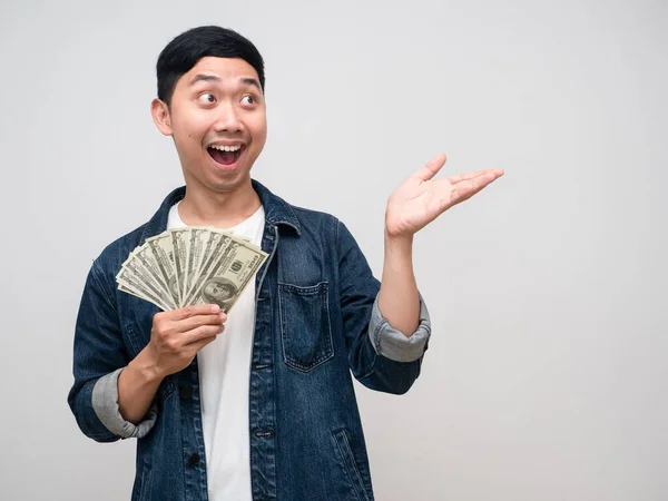 Asian Man Jeans Shirt Hold Money Dollar Gesture Suggest —  Fotos de Stock