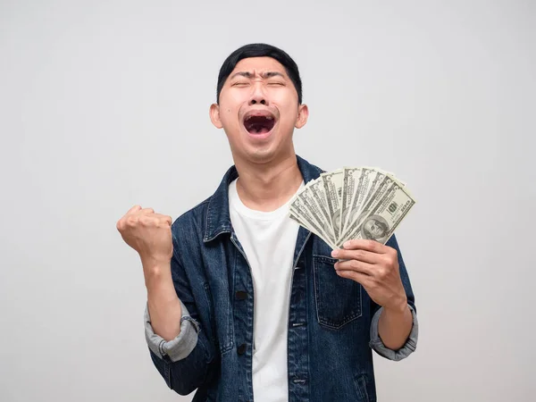 Asian Man Jeans Shirt Feels Satsfied Earn Money Man Appreciate — Stock Photo, Image
