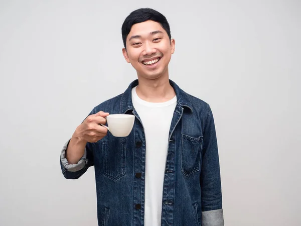 Handsome Man Jeans Shirt Gentle Smile Hold Coffee Cup Isolated —  Fotos de Stock