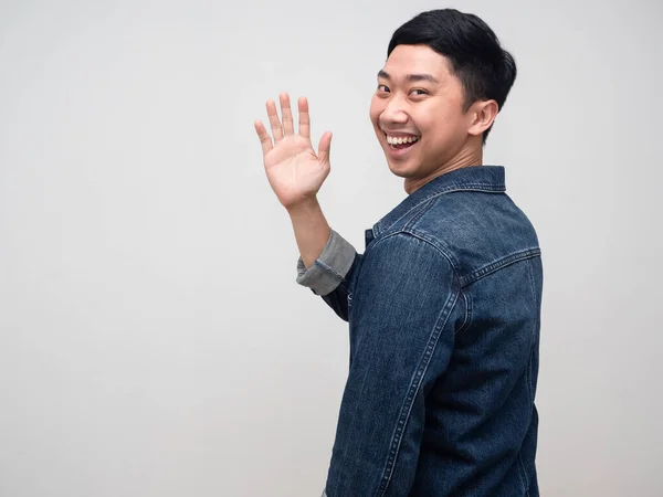 Asian Man Jeans Shirt Cheerful Smiling Turn Say Friendly Man — Zdjęcie stockowe
