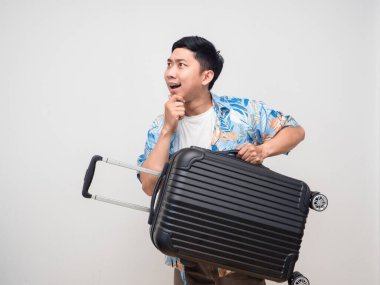 Asianl man beach shirt hold luggage gesture looking feels excited
