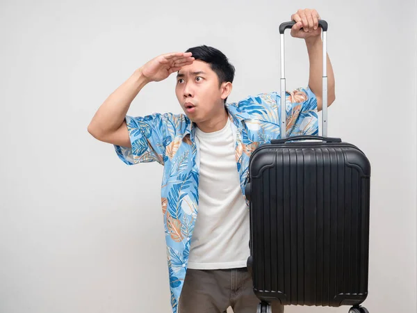 Asianl Man Beach Shirt Hold Luggage Gesture Looking Feels Excited — Foto Stock