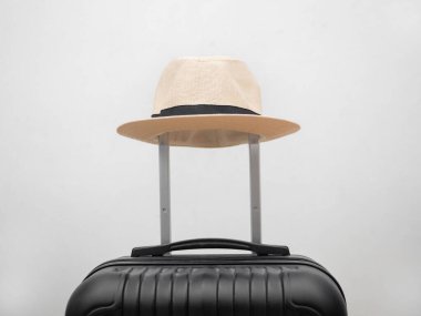 Close up holiday hat on the luggage isolated