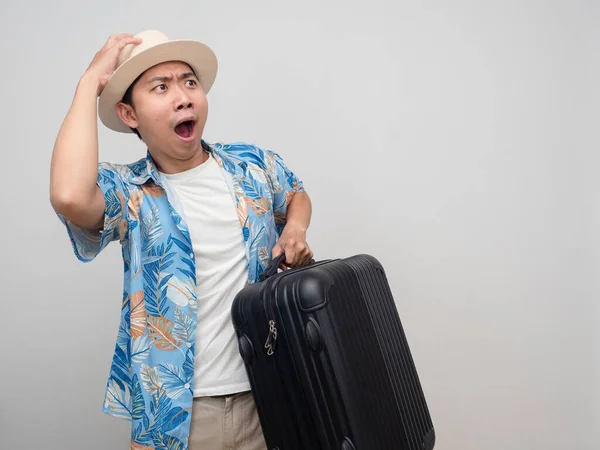 Traveler Man Wear Hat Carry Luggage Gesture Amazed Holiday — Stockfoto