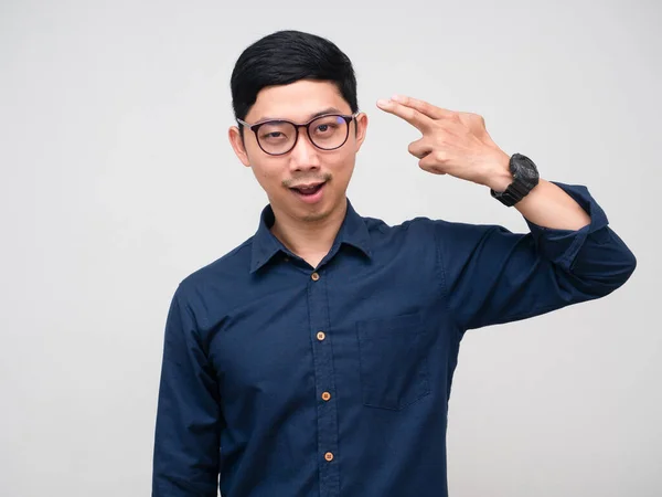 Bang Young Businessman Gesture Shoot His Head Isolated — Stockfoto