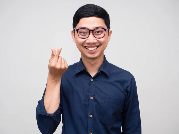 Positive Businessman Cheerful Smile Show Hand Mini Heart Portrait — Stockfoto