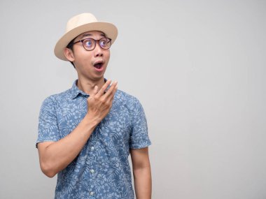 Tourism man wear hat feels excited looking at copy space