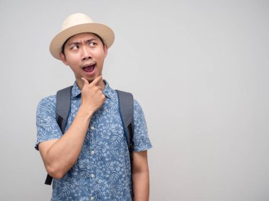 Toursim man with backpack gesture thoughtful with holiday isolated