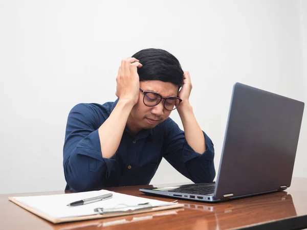 Businessman Feels Tried Working Gesture Hold Head Man Headache Work — Foto Stock