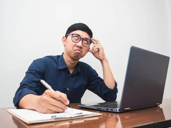 Young Business Man Feels Bored Working Sit Workplace Table — Stockfoto