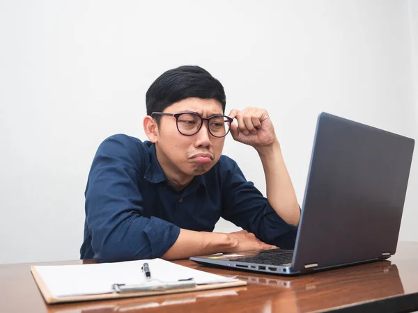 Male Employee Wear Glasses Feels Tried Bored Working Workplace Table — Foto Stock