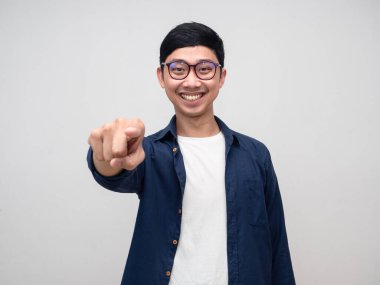 Cheerful man glasses happiness smile point finger choose you portrait