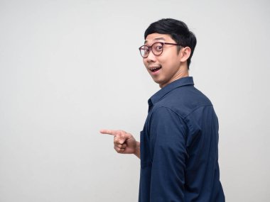 Businessman turn around to looking and gesture point finger isolated