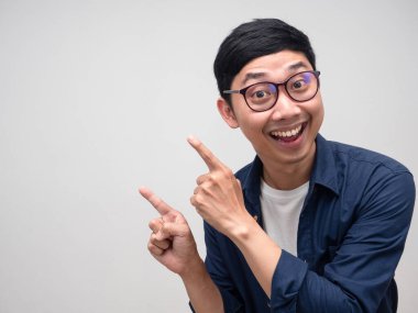 Young businessman cheerful double point finger portrait