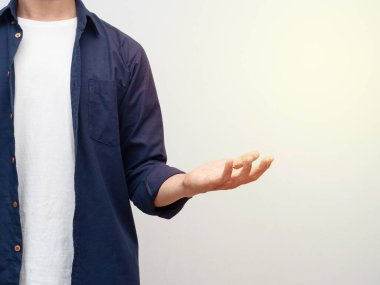 Man show empty hand upt studio shot copy space