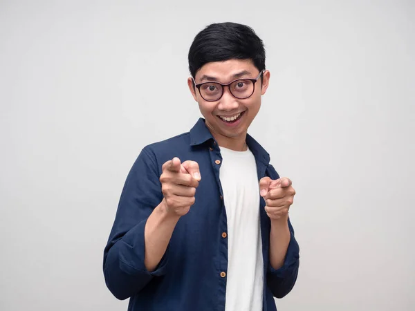 Cheerful man glasses gesture funny double point finger isolated