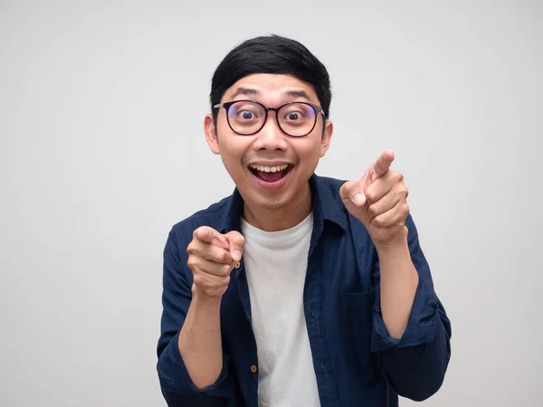 Close Cheerful Man Glasses Gesture Funny Double Point Finger Isolated — Stock fotografie