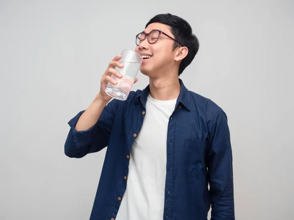 Young Businessman Wear Glasses Drinking Water Isolated — Photo