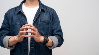 Close up man jeans shirt with watch gesture joy hands isolated
