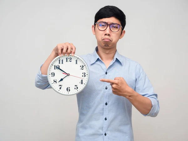 Asian Man Wear Glasses Point Finger Clock Hand Feels Boring — Stock Photo, Image
