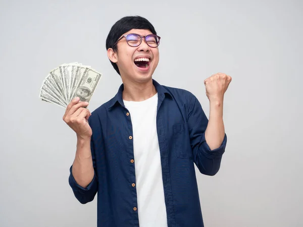 Joven Asiático Hombre Celebración Dinero Espectáculo Puño Hasta Apreeciate Feliz — Foto de Stock